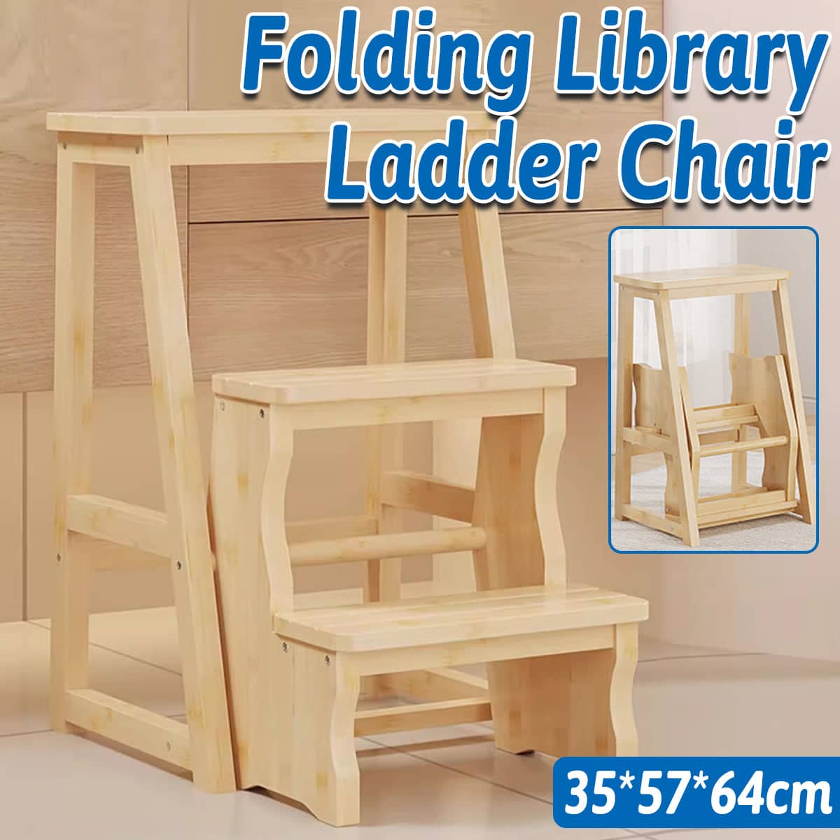 Folding Library Ladder Chair 3 Step Stool for Home and Kitchen Use