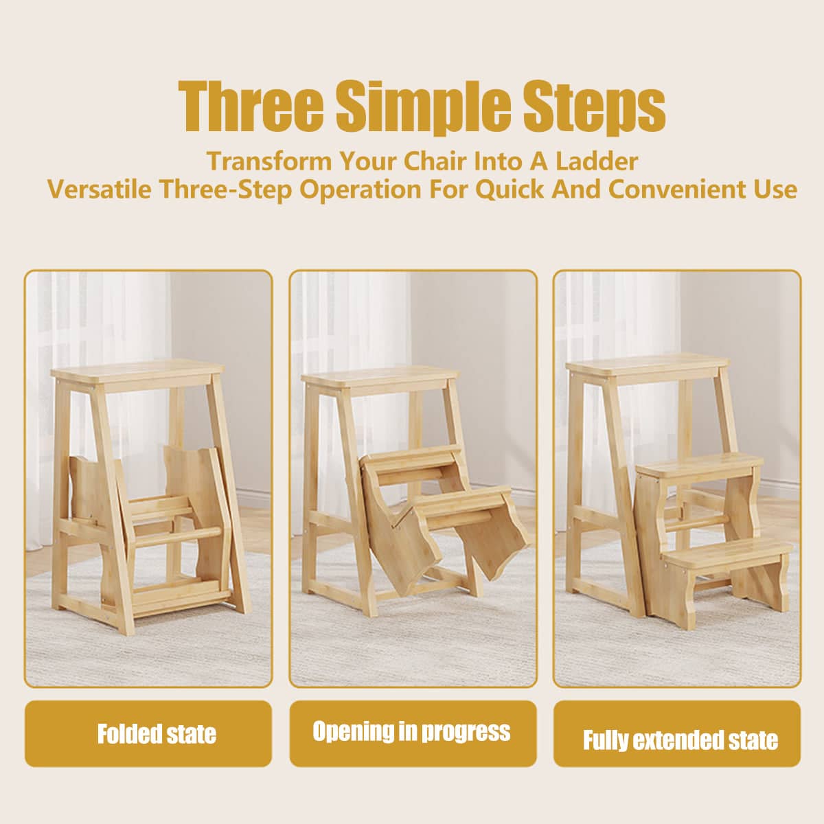 Folding Library Ladder Chair 3 Step Stool for Home and Kitchen Use - view 4