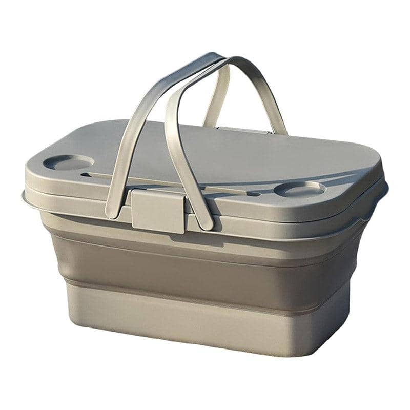 Folding Outdoor Picnic Basket with Lid and Handles, Camping Storage - Grey