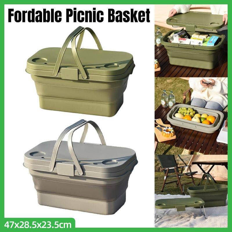Folding Outdoor Picnic Basket with Lid and Handles, Camping Storage - Grey - view 2