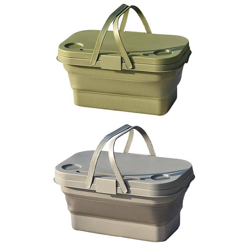 Folding Outdoor Picnic Basket with Lid and Handles, Camping Storage - Grey - view 3