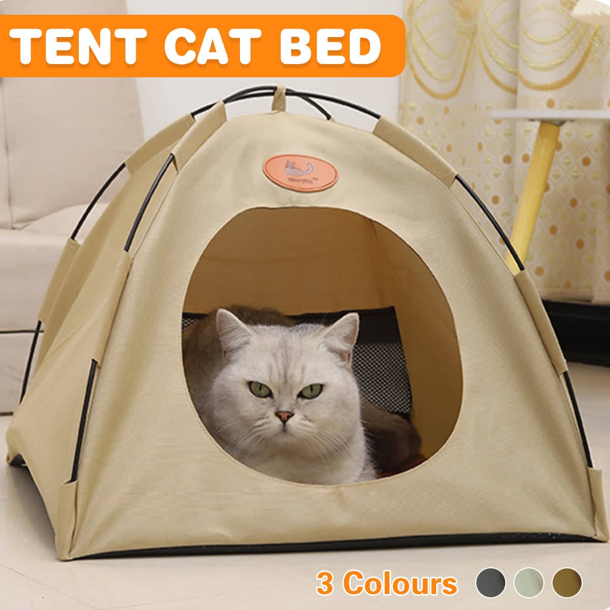 Folding Pet Tent Bed for Cats and Small Pets with Padded Cushion - Beige - view 2