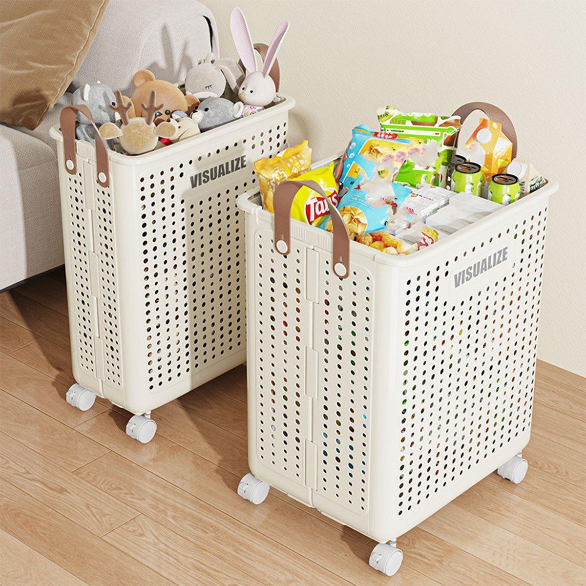 Folding Portable Laundry Basket with Handles and Wheels - M-White - view 13