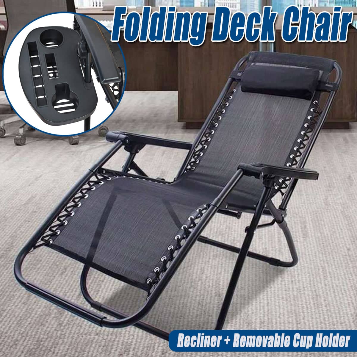 Folding Recliner Chair with Mesh Seat and Headrest, Black