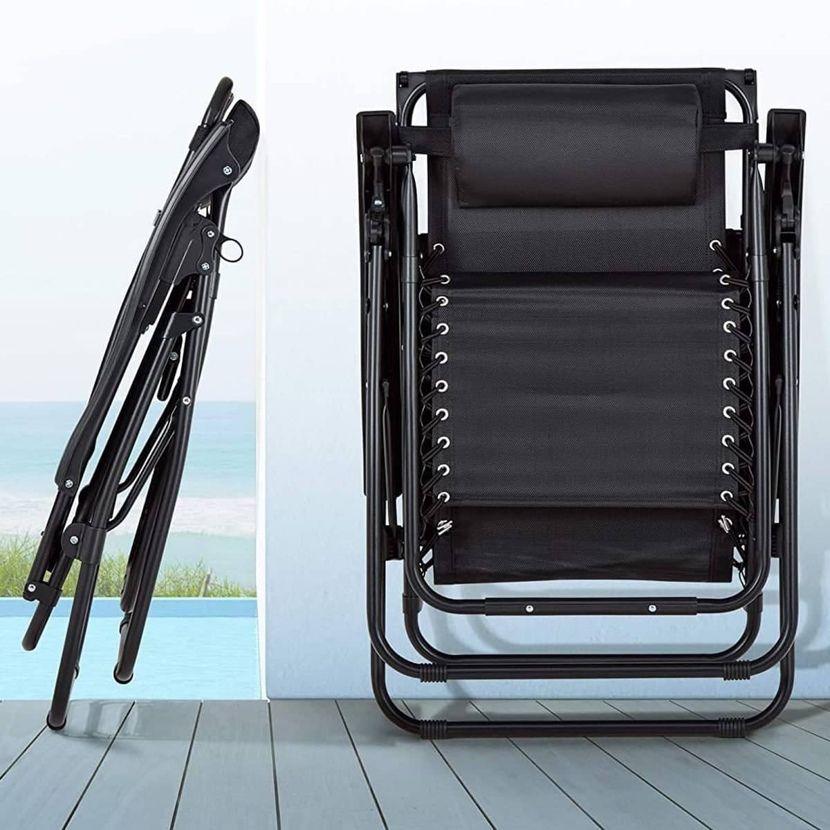 Folding Recliner Chair with Mesh Seat and Headrest, Black - view 4