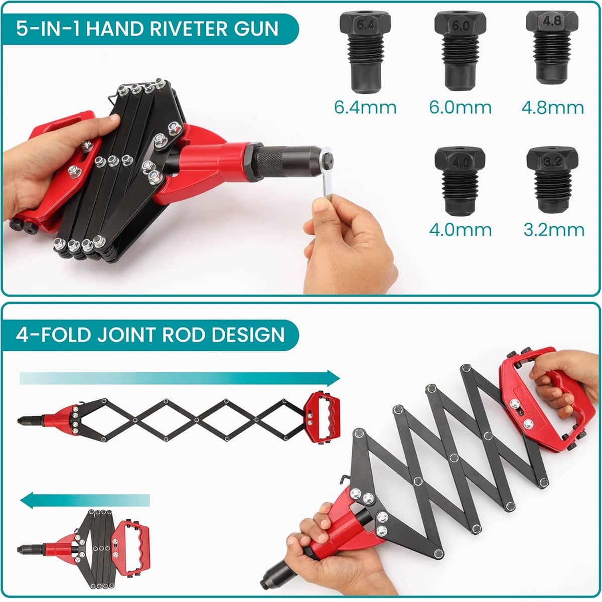 Folding Rivet Gun Tool Kit - 3.2 to 6.4mm, 5 Nozzles - view 5
