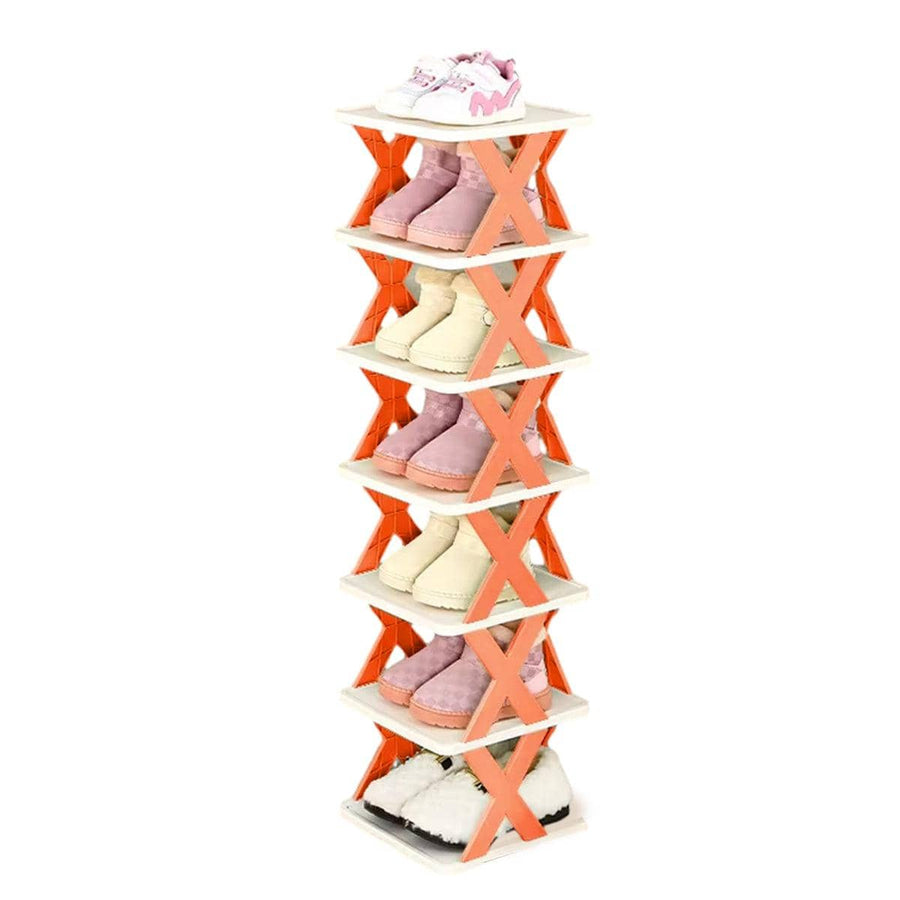 Folding Shoe Rack, 7 Tier Space Saving Storage Shelf - Orange