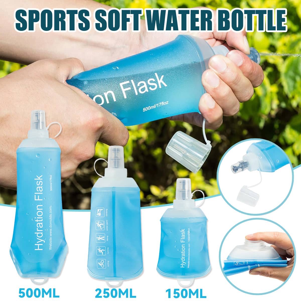 Folding Sports Water Bottle with Dust Cap - 250 ml, Light Blue - view 2