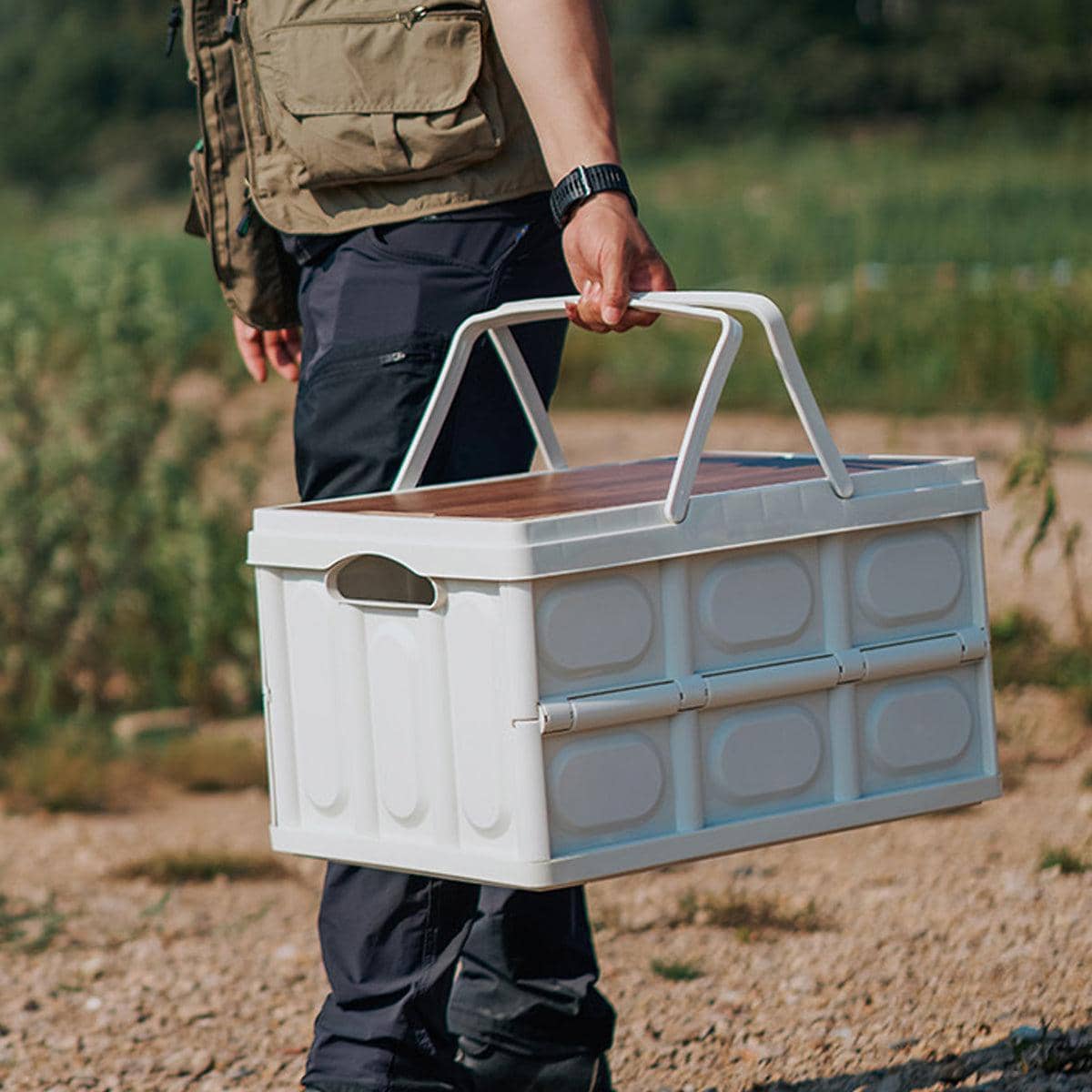 Folding Storage Box 30 L with Wooden Lid - Army - view 5