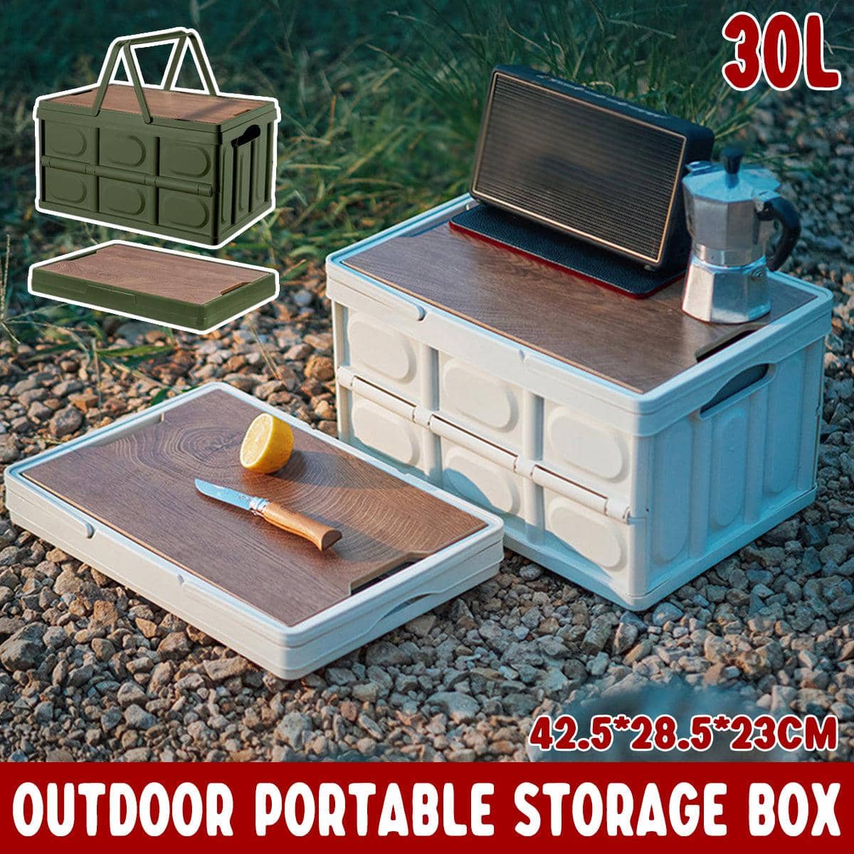 Folding Storage Box 30 L with Wooden Lid - White - view 2