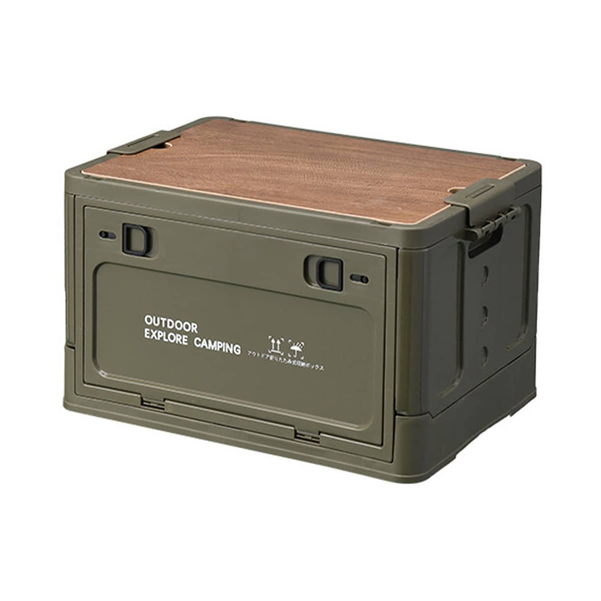 Folding Storage Box with Side Door, Wheels and Wooden Lid - Army Green