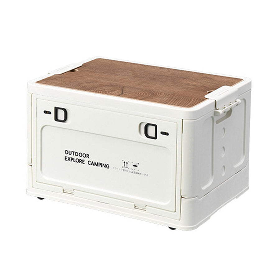 Folding Storage Box with Side Door, Wheels and Wooden Lid - White