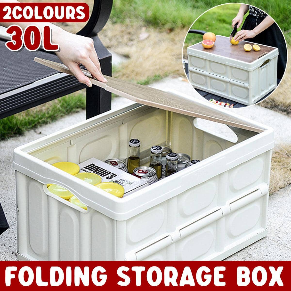 Folding Storage Box with Wooden Lid, 30L - White - view 2
