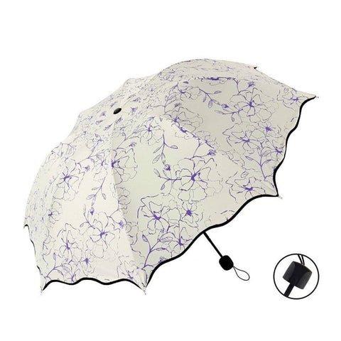 Folding Sun Umbrella, Triple Fold with UV Coating - Purple Floral Print