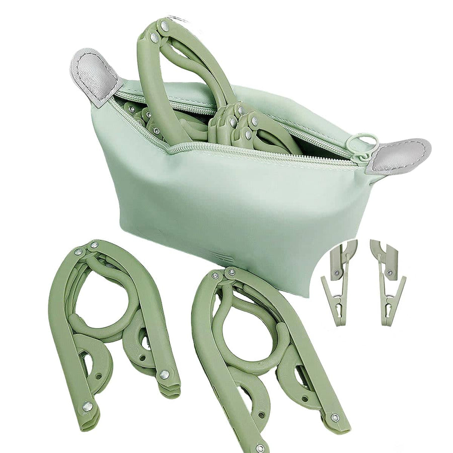 Folding Travel Clothes Hangers with Clips and Storage Bag, 15 Piece Set - Green