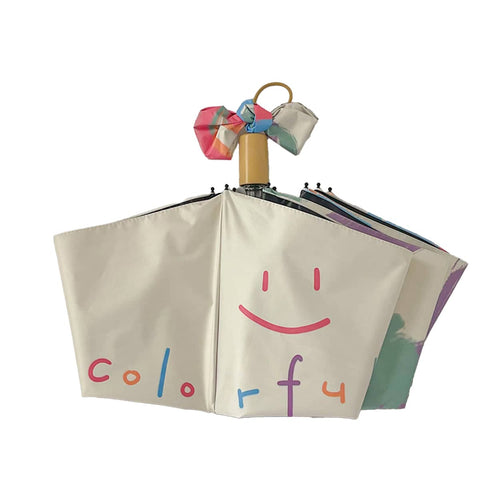 Folding UV Protection Sunscreen Umbrella - Manual Open, off-White Smiley Print