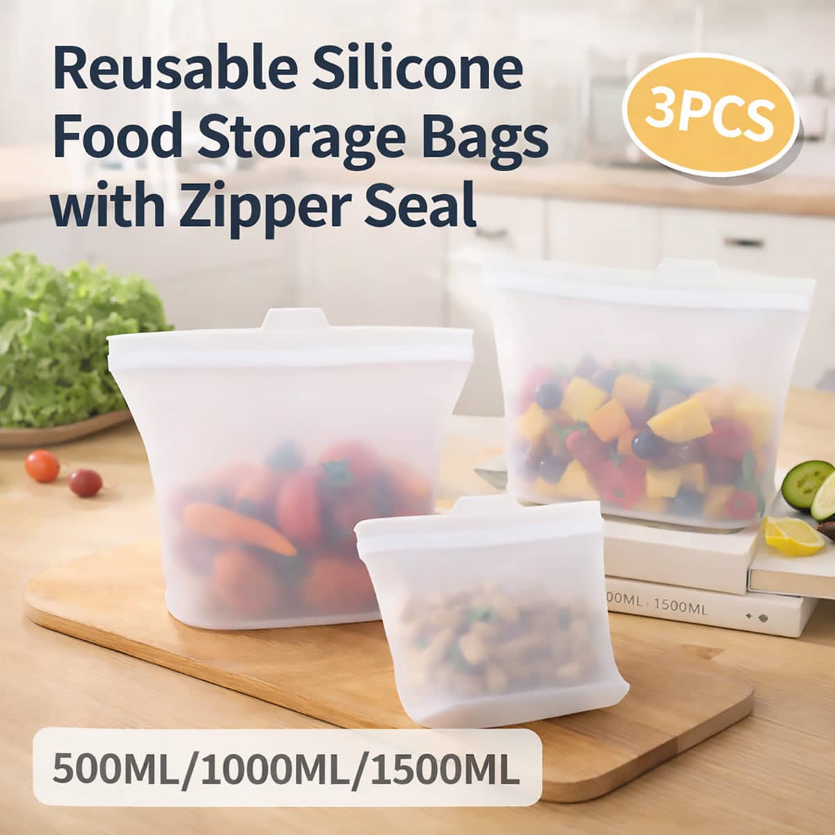 Food-Grade Silicone Storage Bags with Zip Seal, Reusable Freezer Pouch, Pack of 3