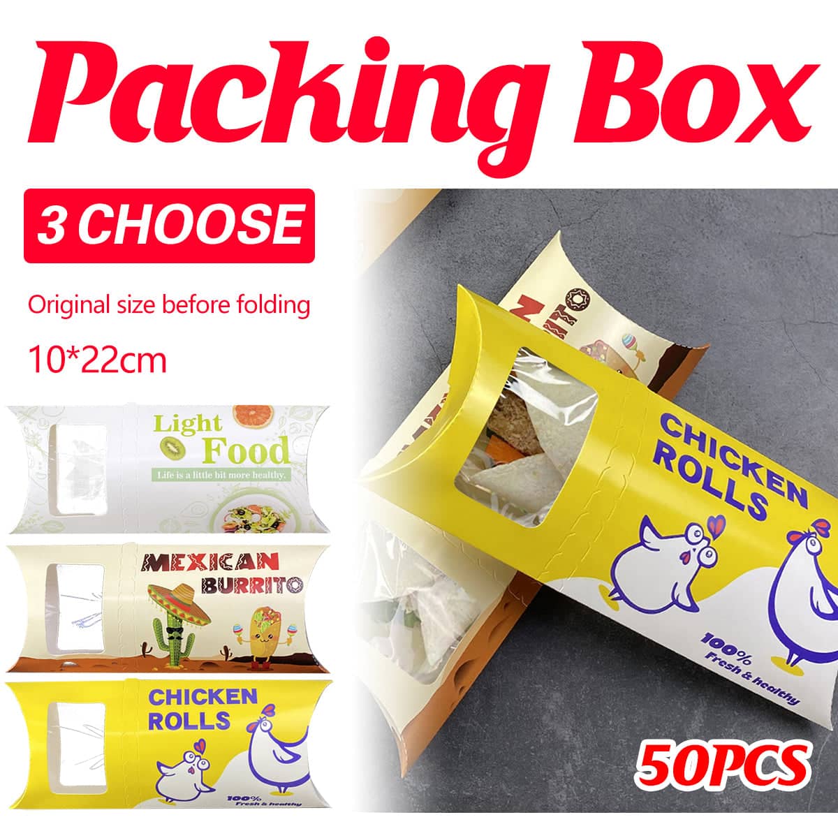 Food Safe Paper Meat Roll Takeaway Containers with Window, Pack of 50 - Chicken Rolls Design - view 2
