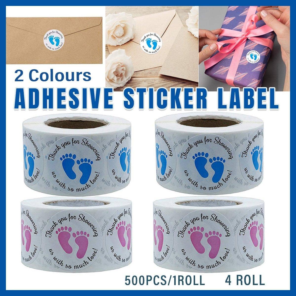 Footprint Sticker Labels, Pink and Blue, Pack of 4 Rolls