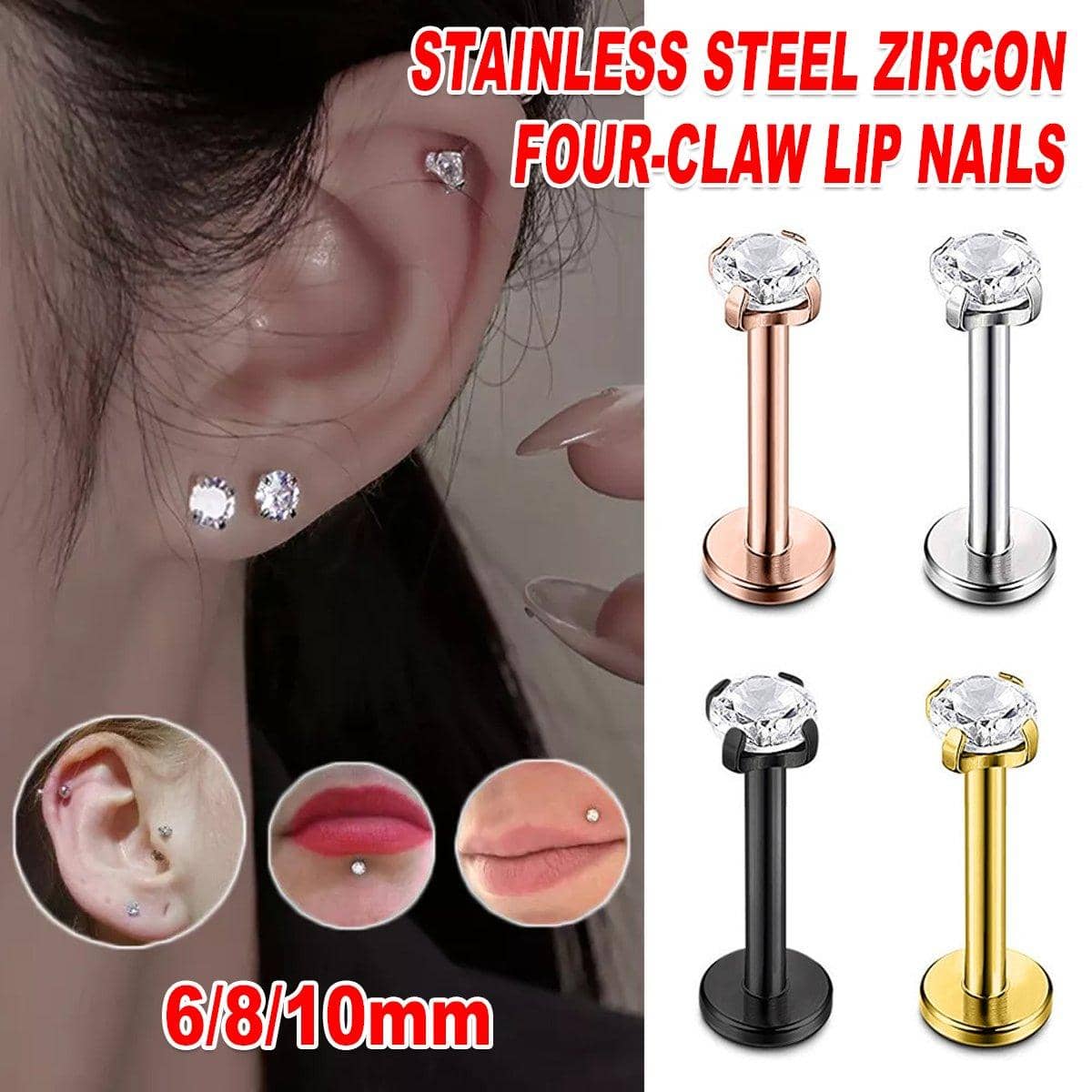 Four-Claw Zirconia Lip Stud, Stainless Steel Labret - Silver, 6mm - view 2