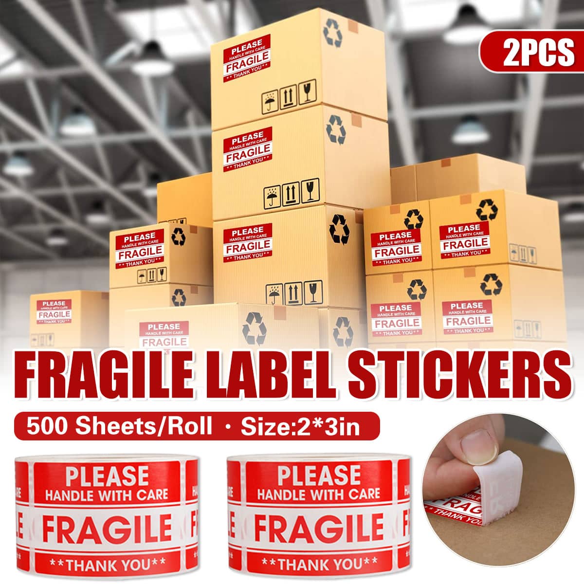 Fragile Warning Label Stickers, 2 Rolls with 1000 Labels, 2 x 3 in (5 x 7.6 cm), Red