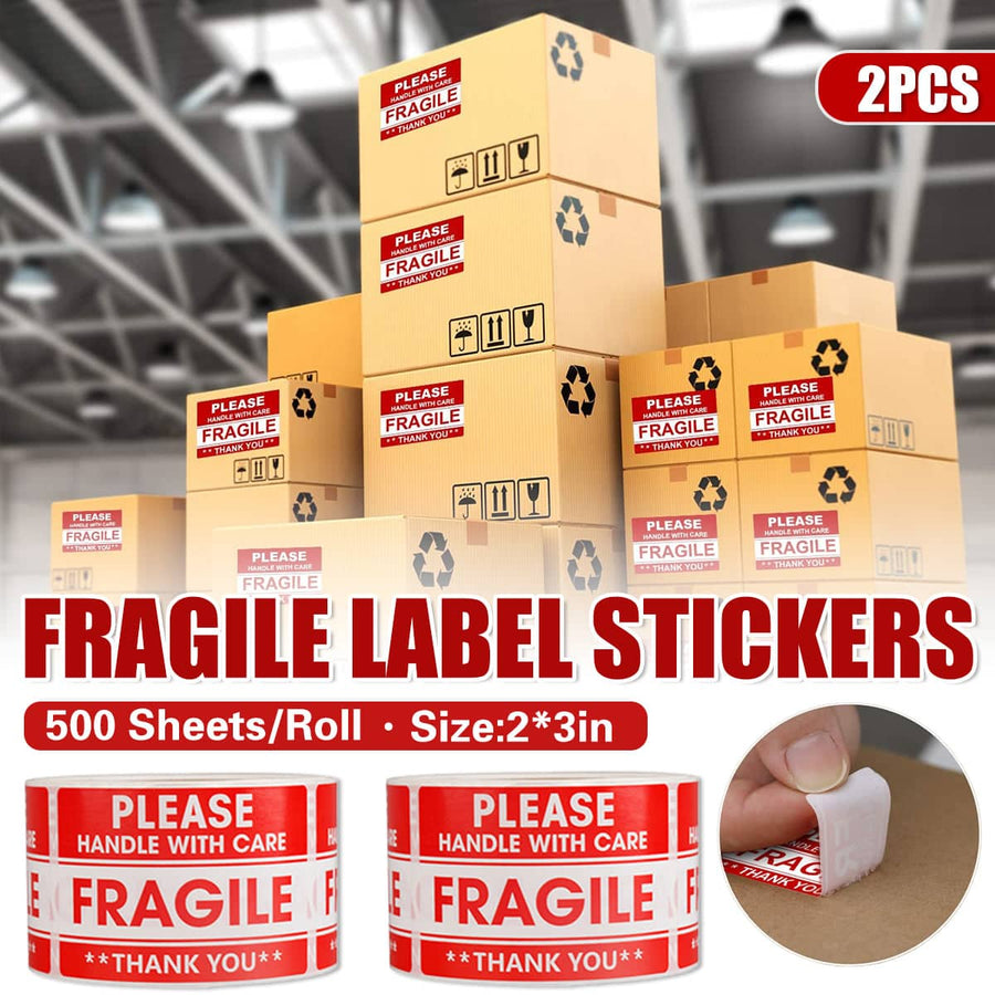 Fragile Warning Label Stickers, 2 Rolls with 1000 Labels, 2 x 3 in (5 x 7.6 cm), Red