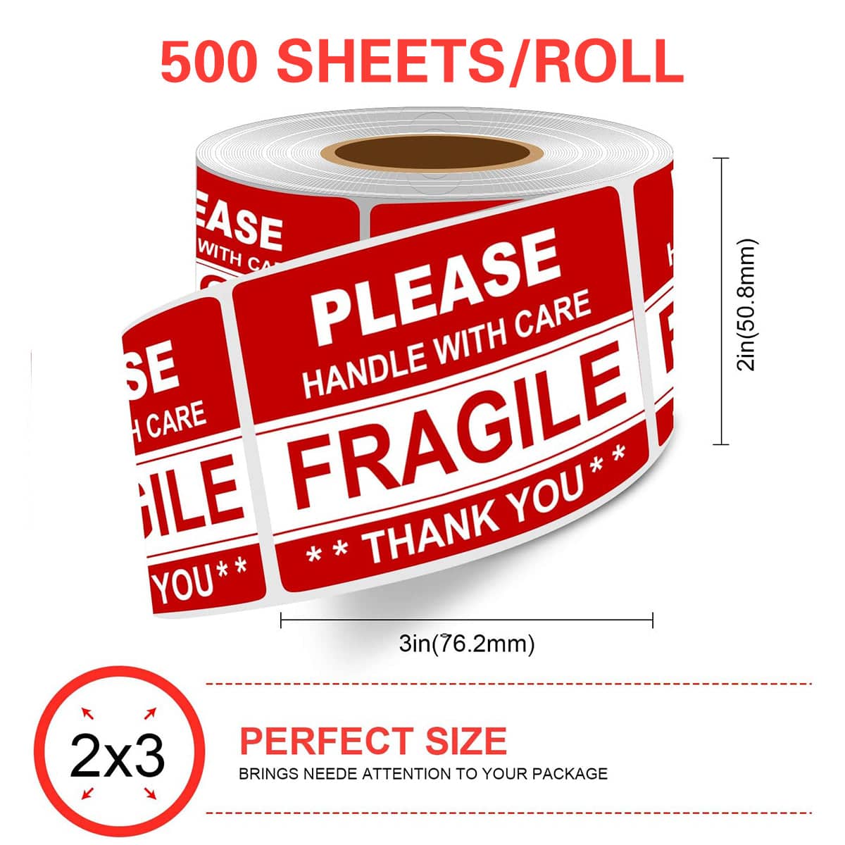 Fragile Warning Label Stickers, 2 Rolls with 1000 Labels, 2 x 3 in (5 x 7.6 cm), Red - view 3