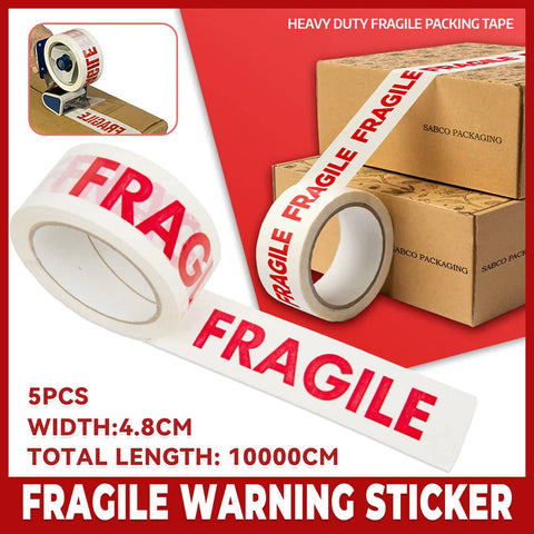 Fragile Warning Packing Tape, 5 Rolls, 4.8 cm x 100 m, White and Red for Moving
