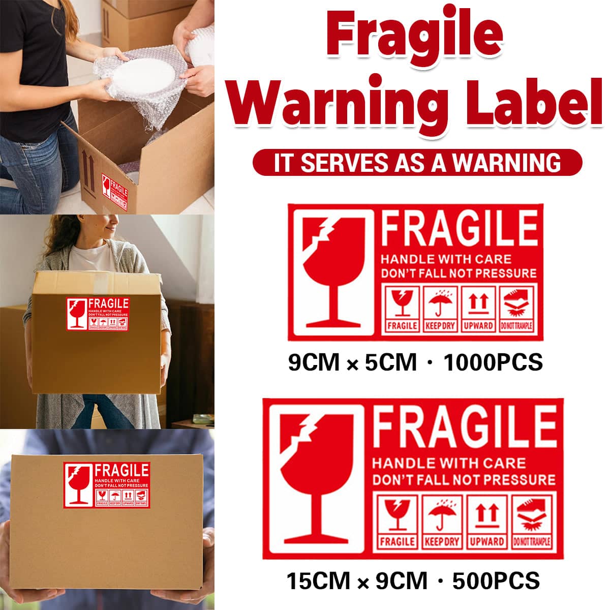 Fragile Warning Self Adhesive Sticker for Express Shipping Courier Alert - 15 x 9 cm Pack of 500 - view 2