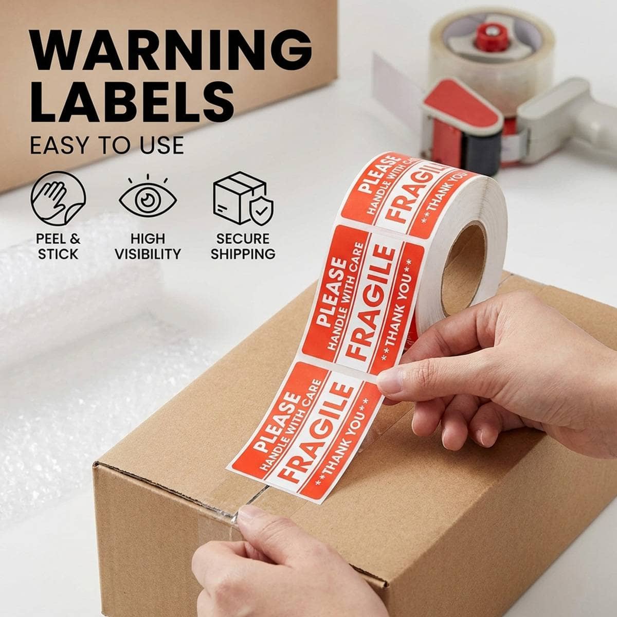 Fragile Warning Sticker Roll, 500 Sheets, 7.6 x 12.7 cm, Red for Shipping and Moving