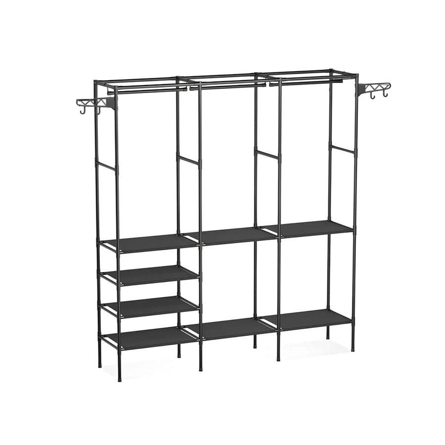 Freestanding Clothes Rack with Shelves and Rotating Hooks - Black