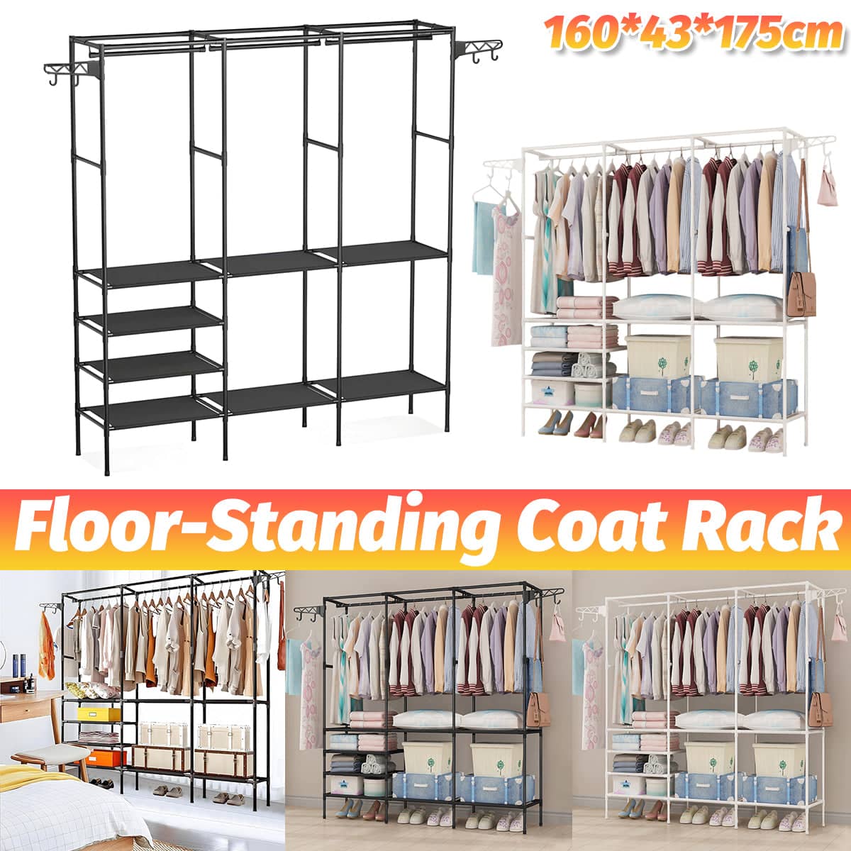 Freestanding Clothes Rack with Shelves and Rotating Hooks - Black - view 2