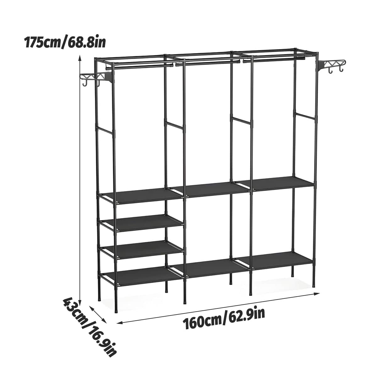 Freestanding Clothes Rack with Shelves and Rotating Hooks - Black - view 4