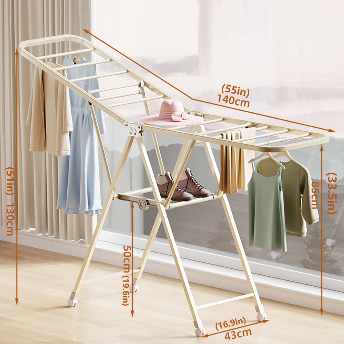 Freestanding Foldable Clothes Airer with Wheels - White, 140 x 130 x 43 cm - view 3