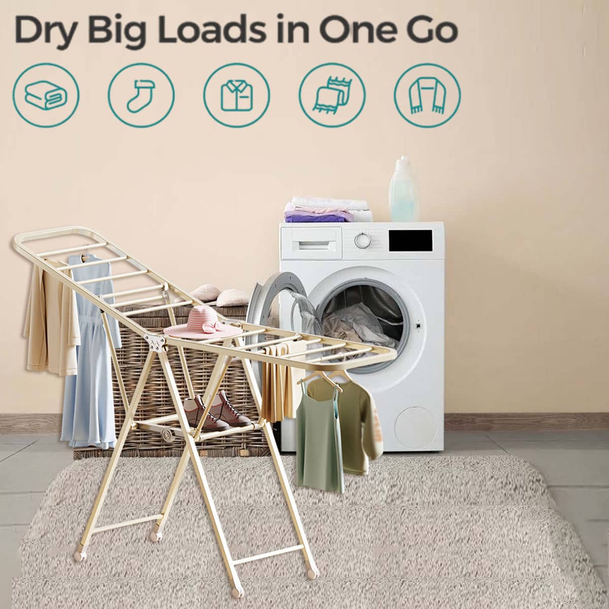 Freestanding Foldable Clothes Airer with Wheels - White, 140 x 130 x 43 cm - view 4