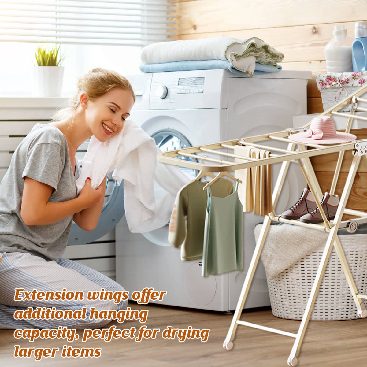 Freestanding Foldable Clothes Airer with Wheels - White, 140 x 130 x 43 cm - view 5