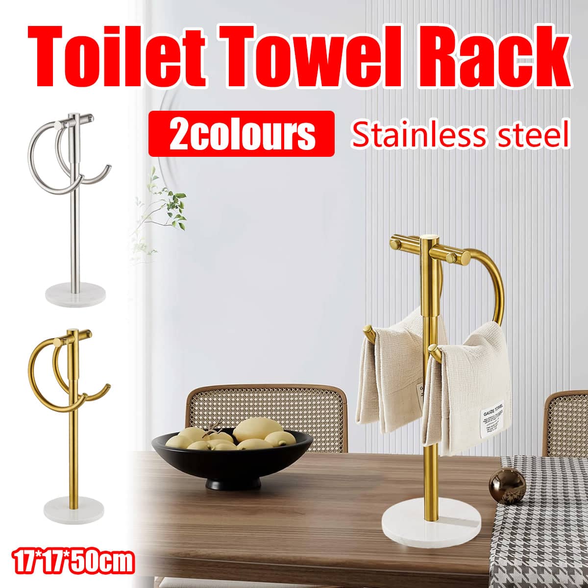 Freestanding Stainless Steel Towel Rack with Marble Base - Silver - view 2
