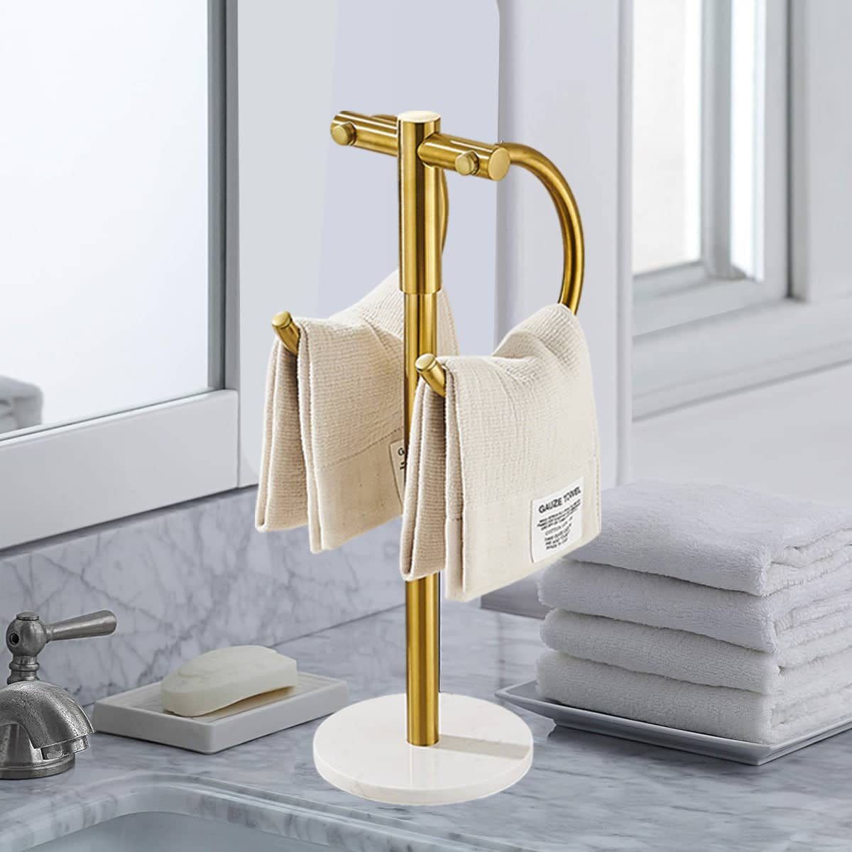 Freestanding Stainless Steel Towel Rack with Marble Base - Silver - view 5