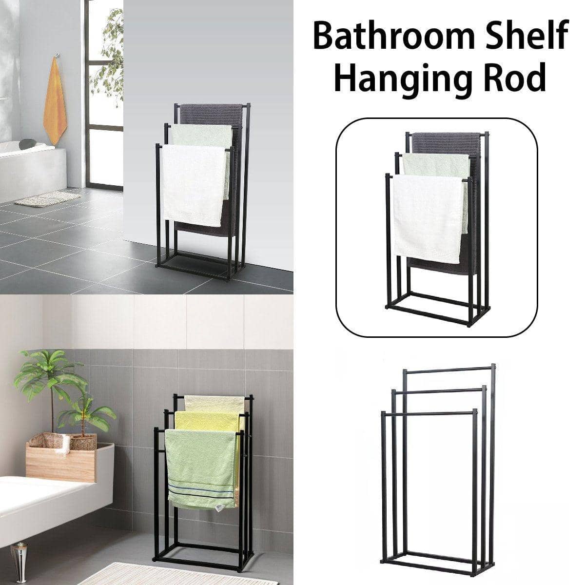 Freestanding Three-Tier Metal Towel Rack, Black