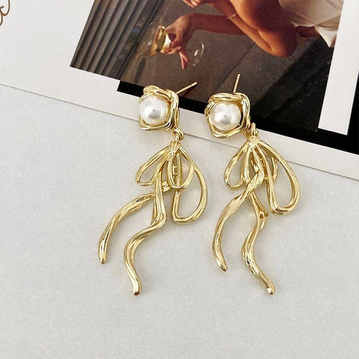 French Retro Gold Tone Long Drop Earrings with Pearl Accent and Swirl Design - view 5