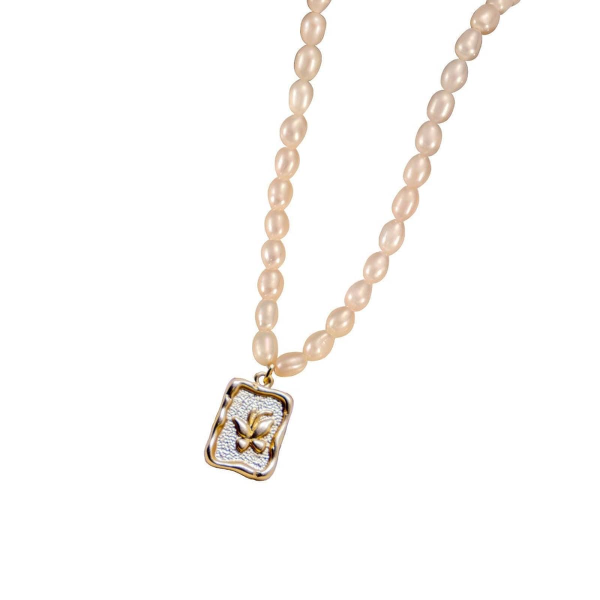 Freshwater Pearl Necklace, 39 cm with 5 cm Extender - Rectangular with Flower