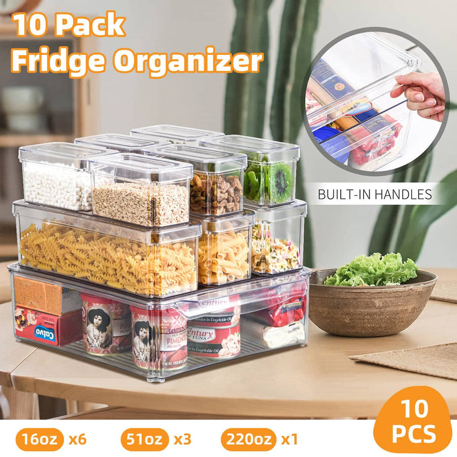 Fridge Storage Box Set of 10, Clear Fruit and Vegetable Fresh Keeper Containers with Drain Tray