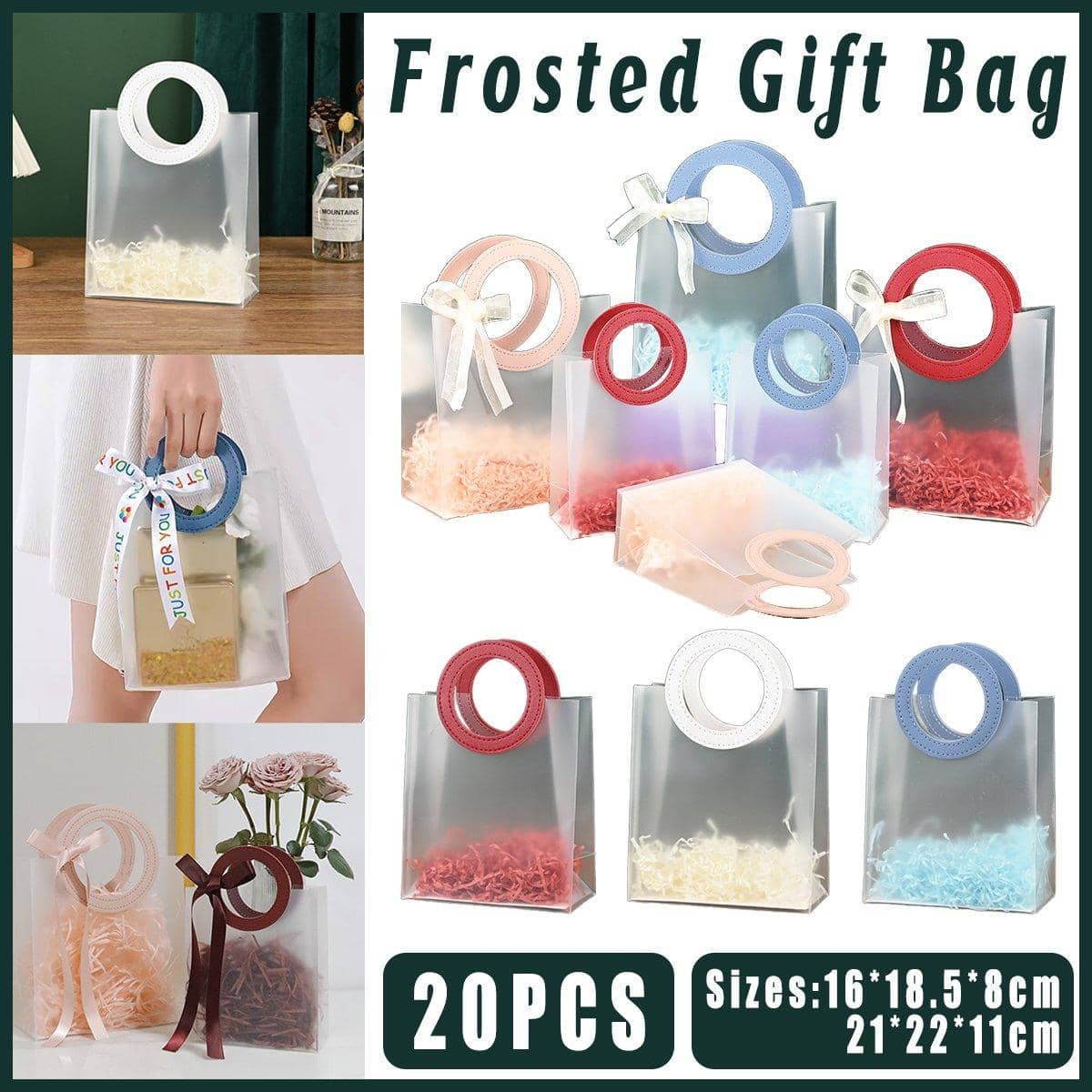 Frosted Gift Bags with Round Handles, Pack of 20 - Pink Handles, 210 x 220 x 110 mm - view 2
