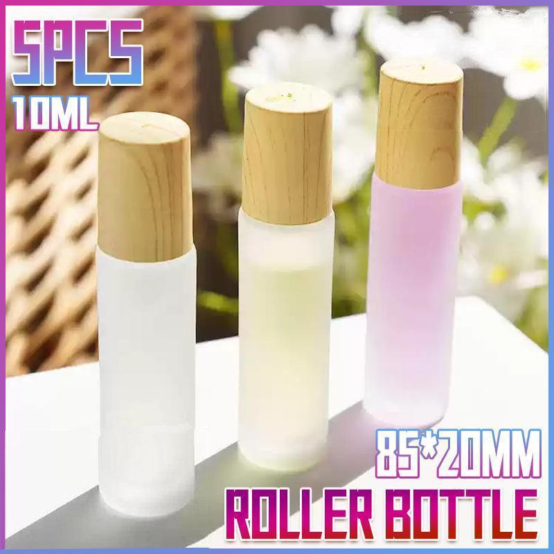Frosted Glass Roll-On Bottles with Wood-Look Caps - 10ml, Pack of 5