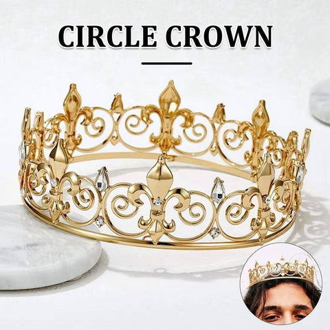 Full Round Gold King Crown for Men, Alloy with Crystal Accents