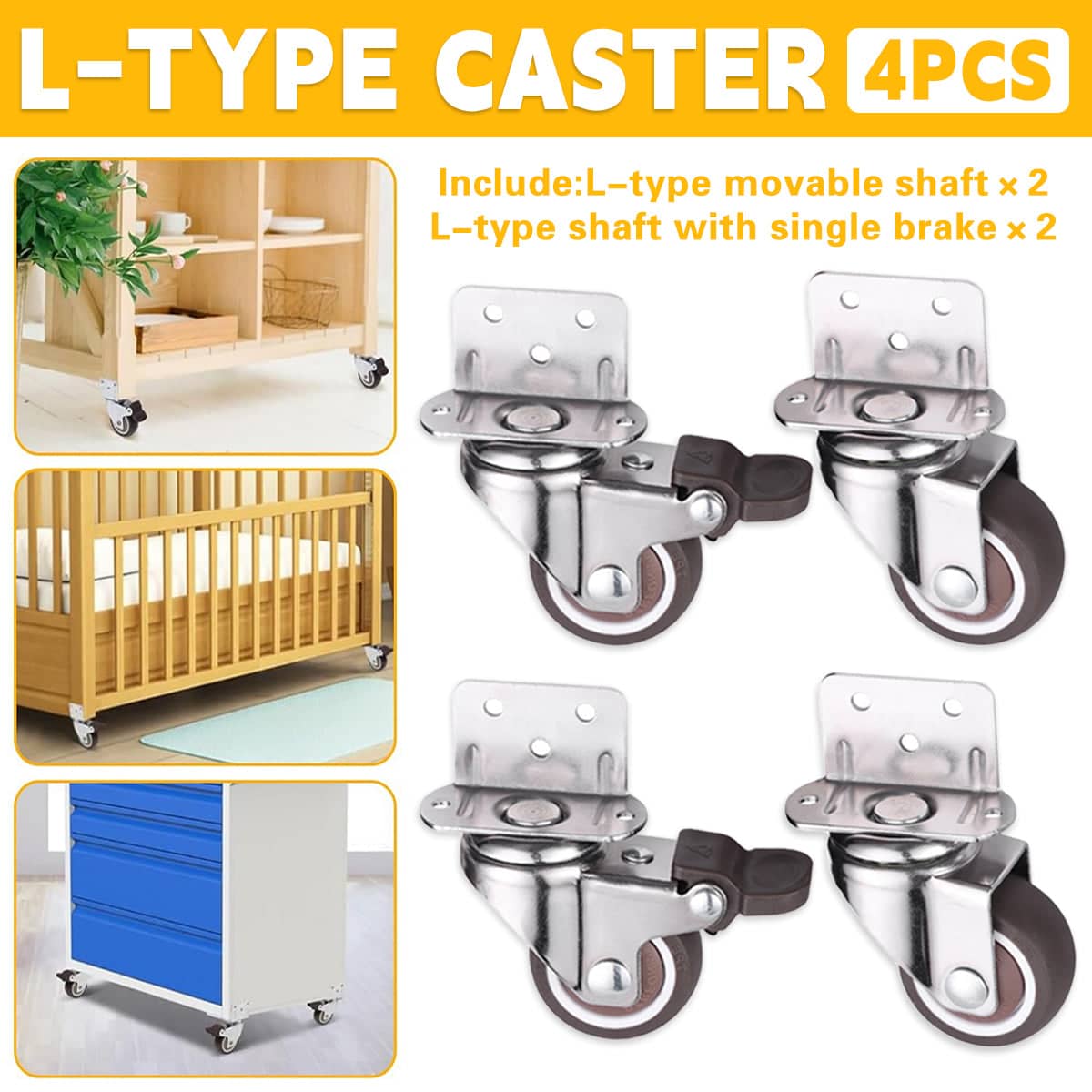 Furniture Castors L-Shaped 90 Degree, 32 mm Wheels, Set of 4