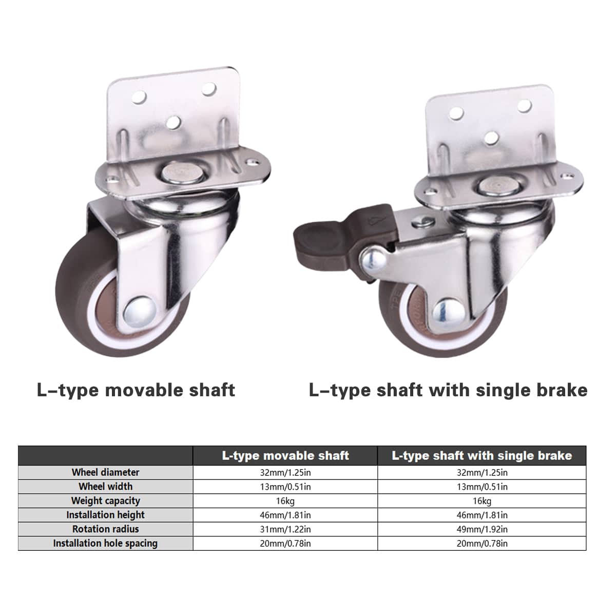 Furniture Castors L-Shaped 90 Degree, 32 mm Wheels, Set of 4 - view 3