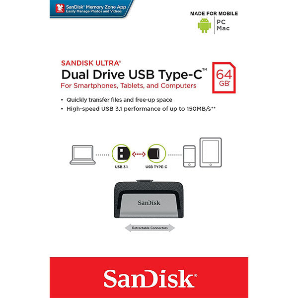 SanDisk Ultra 64GB Dual USB 3.1 Flash Drive with Type-C and Type-A Connectors