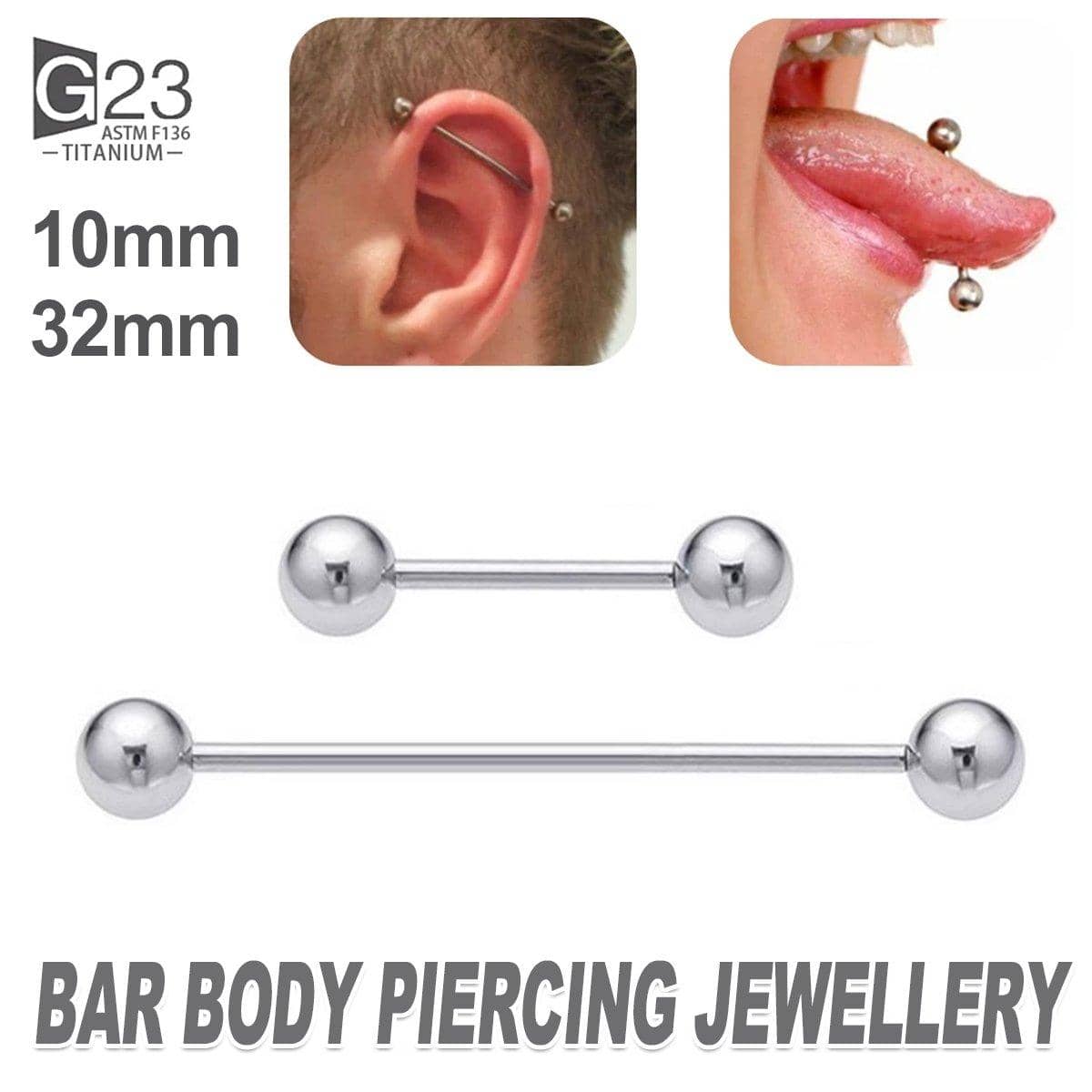 G23 Titanium Straight Barbell Piercing Jewellery - 10 mm, Silver - view 2