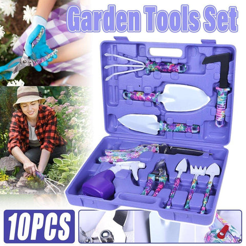 Garden Tool Set, 10 Pieces - Floral Print Handles and Purple Case